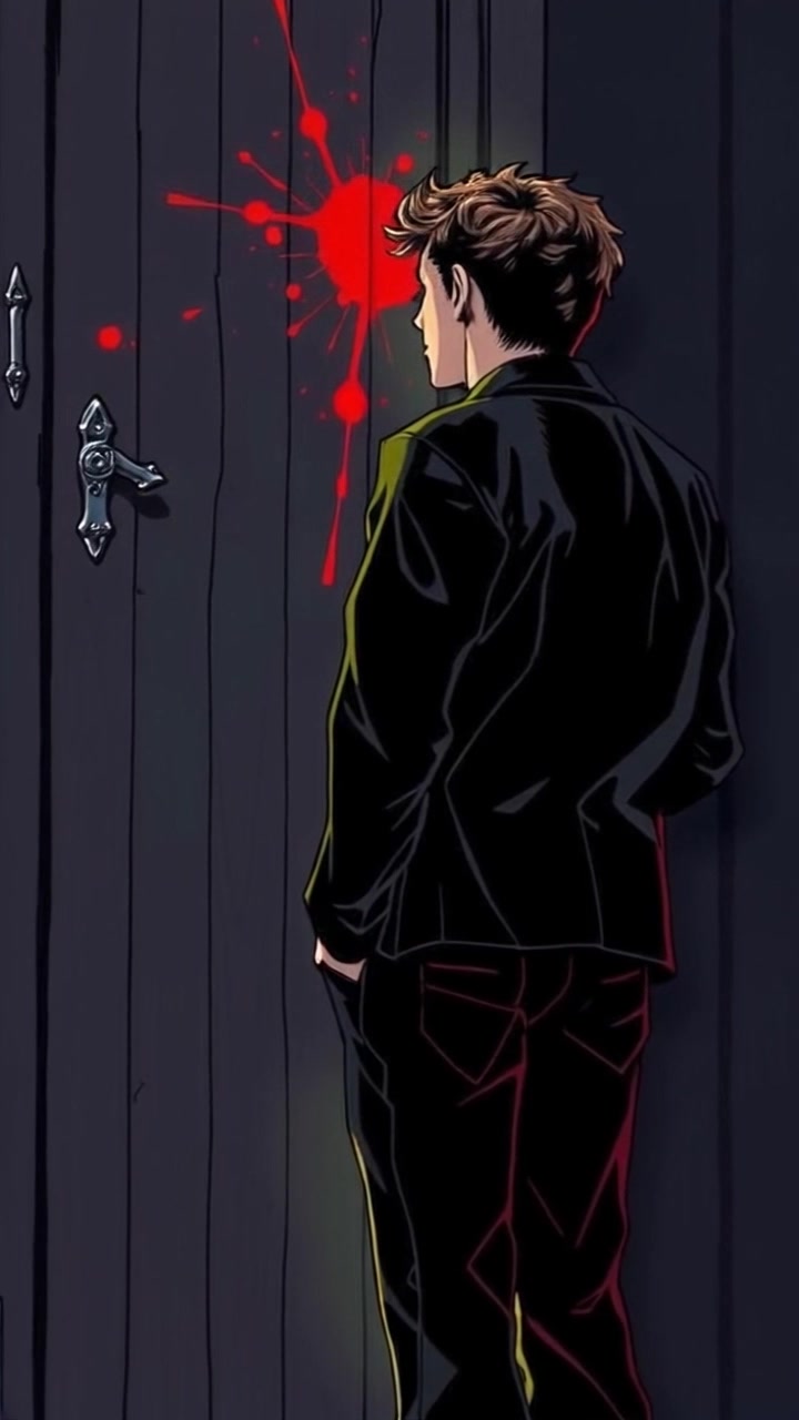 Subject: A young man standing beside a wooden door. Subject movement: Mateo glances back with uncertainty, shifting slightly as he reacts to sounds echoing in the distance. Scene: A dimly lit hallway with an imposing wooden door, shadows cast by flickering lights enhancing the atmosphere. Lighting: Ambient lighting that creates a suspenseful mood, with stark shadows contrasting the warm tones of the wood. Motion: Camera slowly pushes in on Mateo's face, capturing his expression closely as he contemplates the sounds, building tension in the scene.
