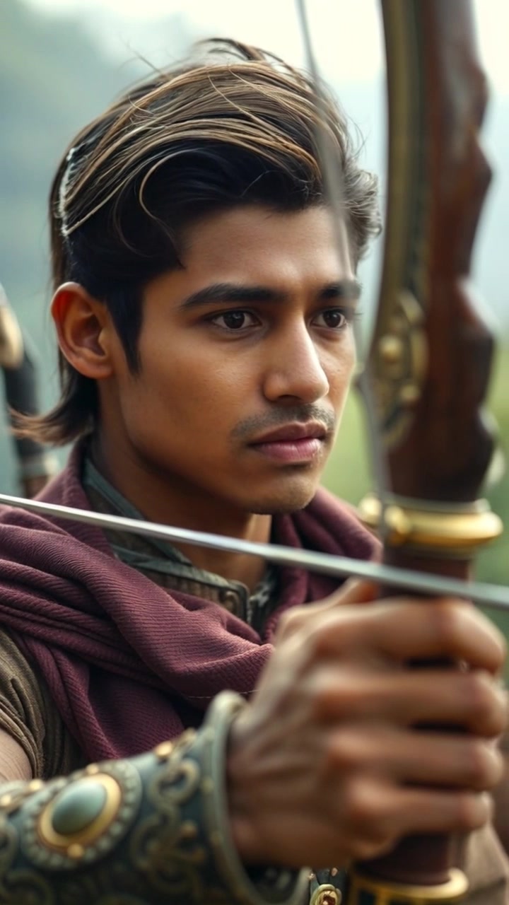 Subject: A focused archer gripping a beautifully crafted bow, determination evident on their face. Subject movement: The archer draws the bowstring back smoothly, readying for a precise shot. Scene: A wooded glade with dappled sunlight filtering through the leaves, creating a serene yet tense atmosphere. Style: The lighting is soft and natural, enhancing the details of the bow and the archer's focused expression. Motion: The camera pushes in to capture the intensity of the moment, then tracks side to side as the archer takes aim.