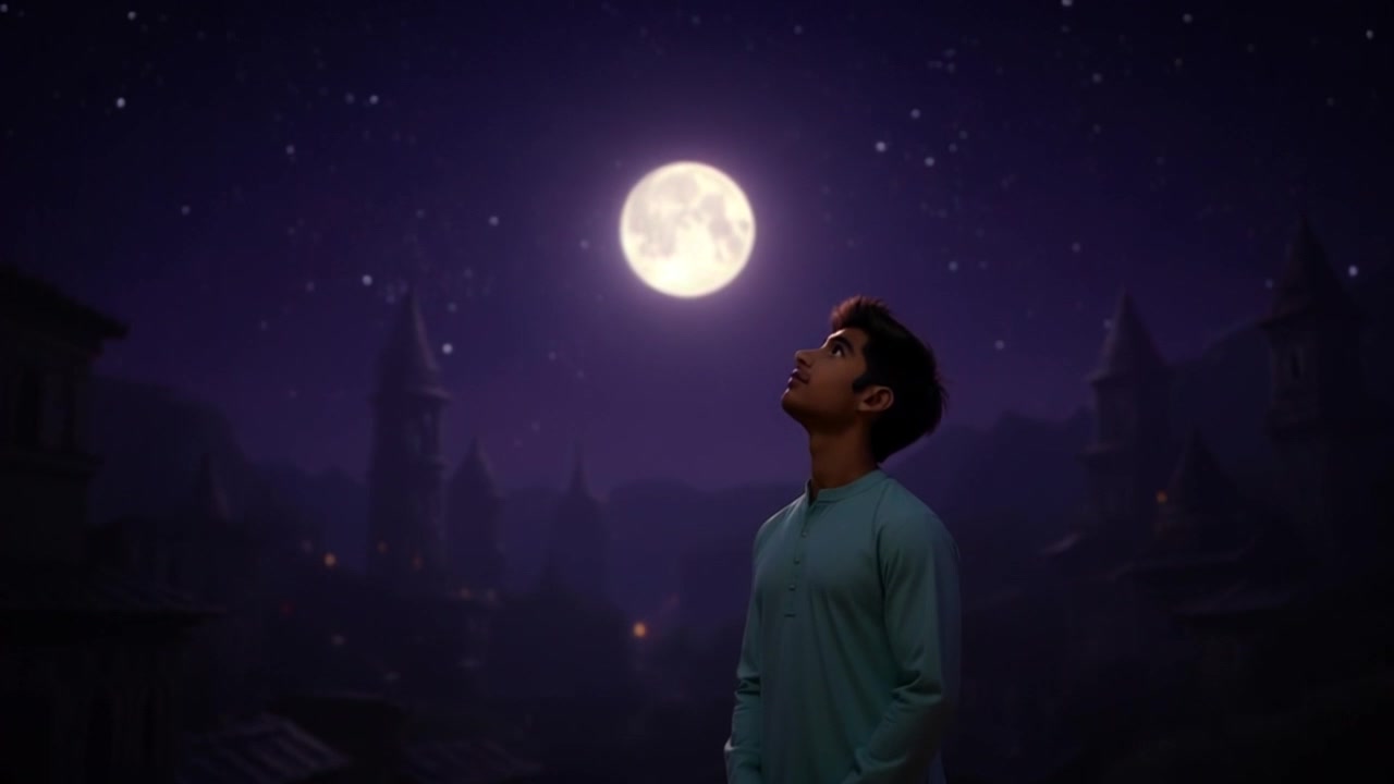 Subject: A person standing in awe under a starry night sky. Subject movement: The person gazes upward, slowly tilting their head back, captivated by the glowing full moon. Scene: Peaceful nighttime setting with a canvas of stars and a luminous full moon. Style: Soft, cool moonlight illuminating the scene, creating a tranquil atmosphere. Motion: The camera slowly pans up from the person's face to reveal the vast night sky, enhancing the sense of wonder as the stars twinkle brightly around the moon.