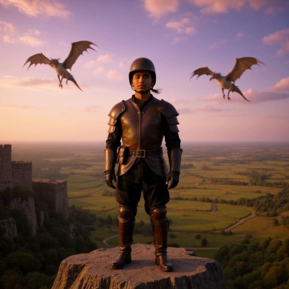 Subject: A figure standing confidently on a cliff. Subject movement: The figure gazes out over the valley, arms relaxed at their sides, embracing the moment as the wind gently tousles their hair. Scene: A dramatic cliff overlooking a sprawling valley bathed in the warm hues of a bright sunset. Style: Golden-hour lighting that enhances the vibrant colors of the sky and valley below. Motion: The camera starts with a wide shot from a low angle, then slowly rises and pans out, capturing the vastness of the landscape while keeping the figure framed against the sunset.