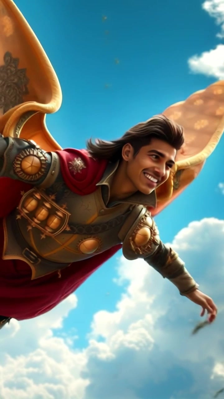 Subject: A person joyfully soaring through a bright blue sky, a wide smile on their face. Subject movement: They glide effortlessly among the fluffy white clouds, radiating happiness. Scene: A vibrant sky filled with bright blue, wispy clouds that create a fantastic backdrop. Lighting: Bright, sunny day lighting emphasizing the cheerful atmosphere. Motion: Begin with a stationary wide shot capturing the individual soaring high; the camera then follows closely with a smooth, handheld tracking shot, creating a sense of freedom and exhilaration.