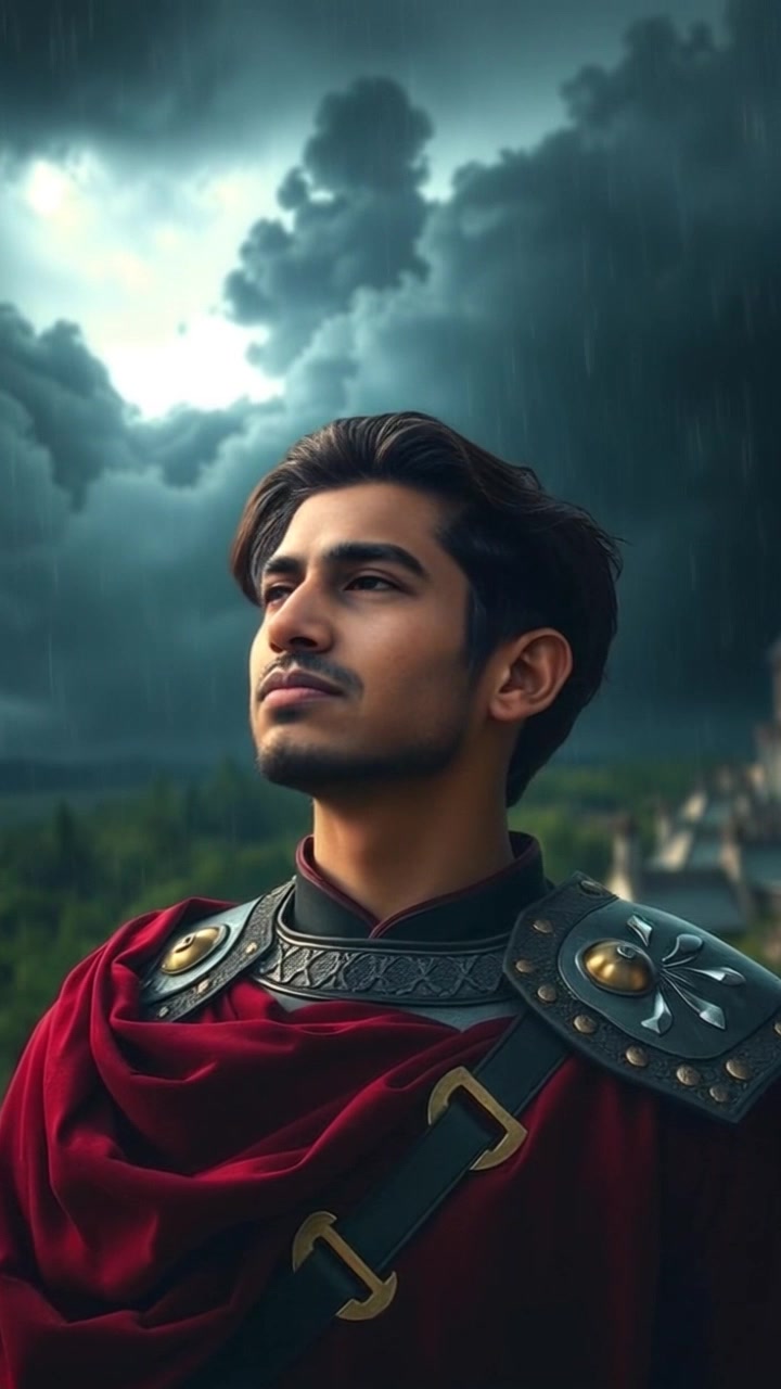 Subject: Arjun standing outside, looking up at the sky. Subject movement: He shifts slightly as the clouds begin to clear, a reflective look on his face. Scene: A post-rain outdoor setting with dark clouds dispersing, revealing patches of blue sky. Style: Soft, natural lighting filtering through the clouds, creating a serene atmosphere. Motion: Camera slowly pushes in on Arjun, capturing his contemplative gaze towards the sky while gentle raindrops are visible in the background.