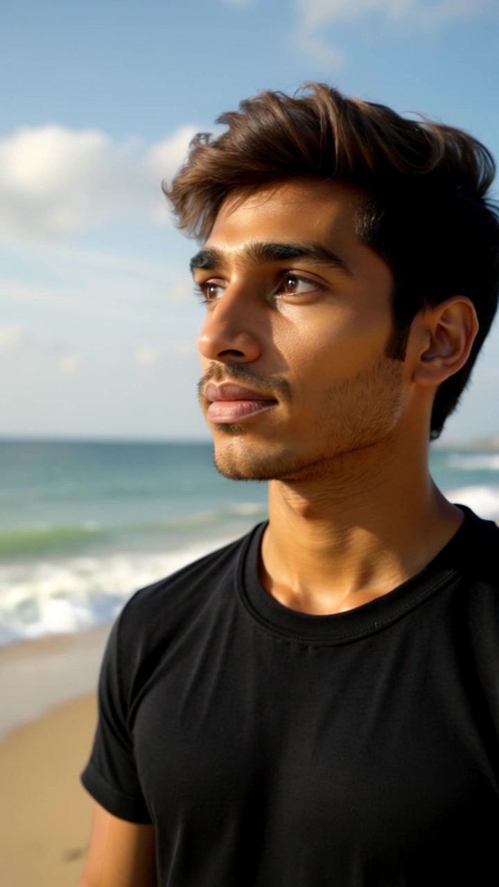 Subject: A person gazing in awe. Subject movement: The person's face is illuminated by sunlight as they turn their head slightly, taking in the vastness of the sea. Scene: Close-up of a face filled with wonder, set against a backdrop of a shimmering ocean under a bright sky. Style: Natural morning light casting soft shadows on the person's features, enhancing the sense of amazement. Motion: The camera gently zooms in on their expression, capturing the sparkle in their eyes as the waves glisten in the distance.