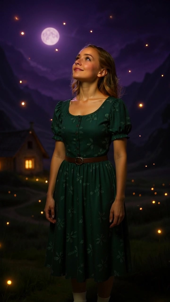 Subject: A young woman standing in a field at night. Subject movement: She gazes up, tilting her head as fireflies dance around her. Scene: A tranquil, open field under a starlit sky, with softly glowing fireflies illuminating the surroundings. Style: Ambient, nighttime lighting creating a serene atmosphere filled with gentle sparkles. Motion: The camera captures a slow push-in towards her face as she smiles, the fireflies flickering in and out of focus around her.