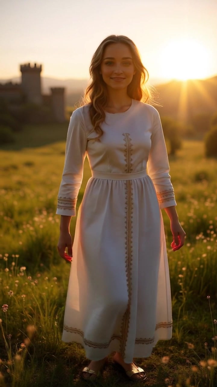 Subject: A young woman enjoying a sunny day. Subject movement: She spins joyfully in the meadow, her hair flowing elegantly around her. Scene: A vibrant sunlit meadow filled with wildflowers, the sunlight bathing the surroundings with a warm glow. Style: Soft, warm lighting accentuating the colors of the flowers and the gentle breeze. Motion: The camera performs a slow, sweeping pan around her, capturing her joyful expression and the beauty of the meadow.