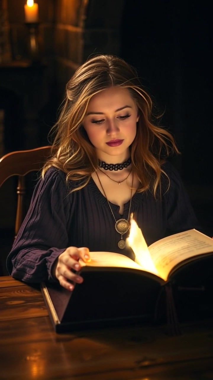 Subject: A figure seated at a wooden table, opening a glowing ancient book. Subject movement: The figure leans in slowly as the book opens, revealing a radiant light emanating from its pages. Scene: A dimly lit room filled with shadows and a sense of mystery, with old books lining the walls. Style: Warm, flickering candlelight creating a cozy yet enigmatic atmosphere. Motion: The camera gently pushes in to focus on the glowing book as its magic seems to illuminate the surroundings, capturing the ambient light dancing off the wooden surfaces.
