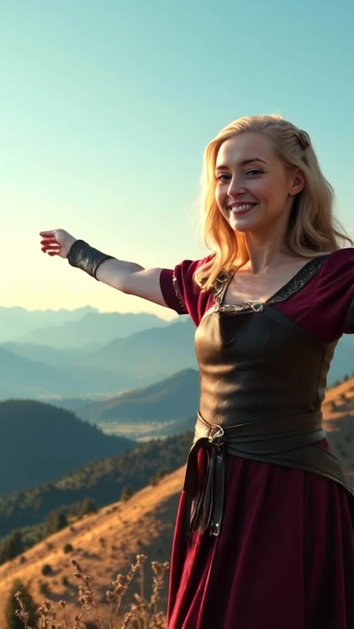 Subject: A woman standing on a hill. Subject movement: She raises her arms and twirls in joyous celebration. Scene: Ashley on a hill overlooking a vast valley, framed by distant mountains under a clear blue sky. Style: Bright, inviting daylight enhances the natural beauty of the landscape. Motion: Camera starts with a wide shot of the valley and slowly pushes in to focus on Ashley, capturing her movements as she spins with delight against the stunning backdrop.