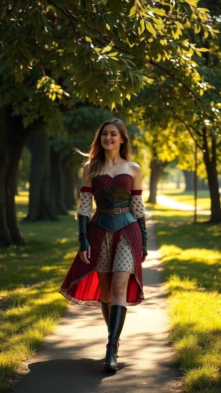 Subject: A person walking along a sunlit path in a peaceful park. Subject movement: The person strolls gracefully, radiating a serene smile while glancing around at the beauty of the surroundings. Scene: A tranquil park path lined with vibrant green trees and blooming flowers, dappled in warm sunlight. Style: Soft, natural lighting creating a blissful, inviting atmosphere. Motion: The camera follows with a gentle tracking shot alongside the person, capturing the lush details of the park and the warmth of the sunlight filtering through the leaves.