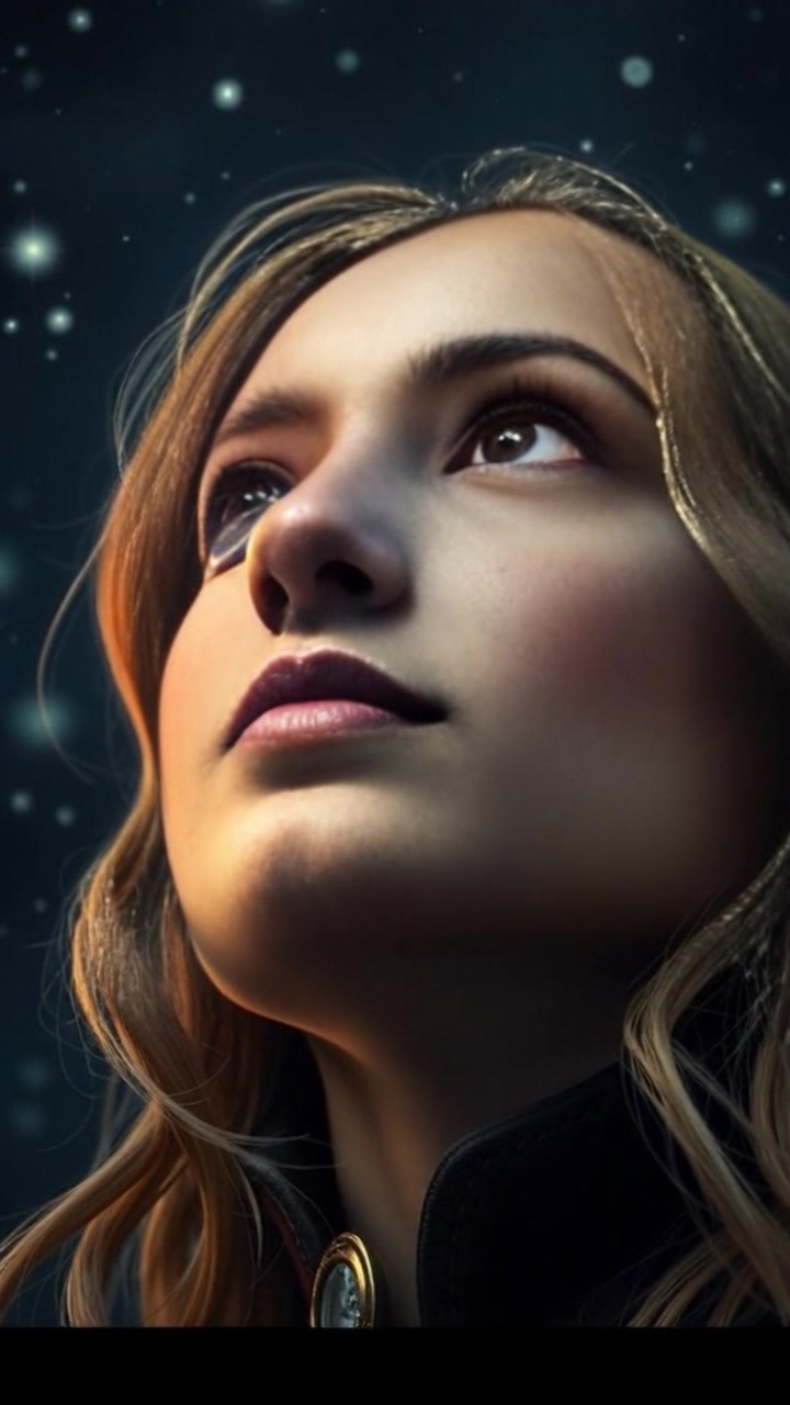 Scene: A close-up of a person's face gazing up at a vast expanse of twinkling stars, their eyes shimmering with reflections of the night sky. Style: Soft, moonlit ambience creating a serene and contemplative mood. Motion: The camera slowly pushes in, capturing the intricate details of the face, while the stars gently twinkle in the background, enhancing the sense of wonder.