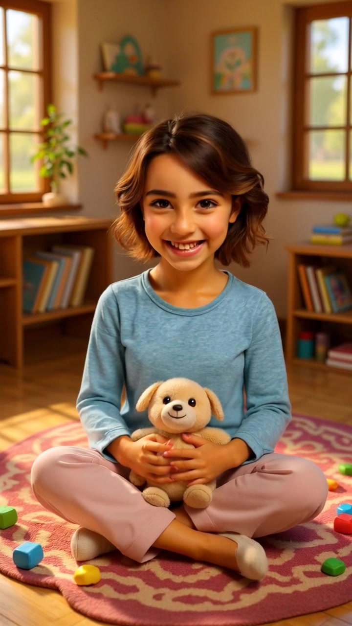 Subject: A joyful child sitting on a colorful rug, surrounded by toys and immersed in play. Subject movement: The child giggles and reaches out energetically to grab a toy, her laughter filling the air. Scene: A vibrant room adorned with playful decor, sunlight streaming in through a nearby window illuminating the cheerful atmosphere. Style: Soft, warm lighting enhancing the playful mood of the scene. Motion: The camera gently pushes in, capturing the enchanting moment as the child interacts with her toys, creating a close-up shot of her joyful expression.