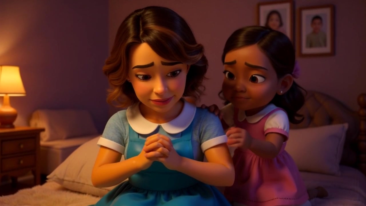 Subject: A girl sitting on her bed, looking anxious with her hands clasped together amidst soft pillows. Scene: A cozy bedroom setting, decorated with warm tones and personal items, creating an intimate atmosphere. Motion: The camera gently pushes in on her, highlighting her expression of anxiety while the soft ambient lighting envelops the scene in a warm, inviting glow.