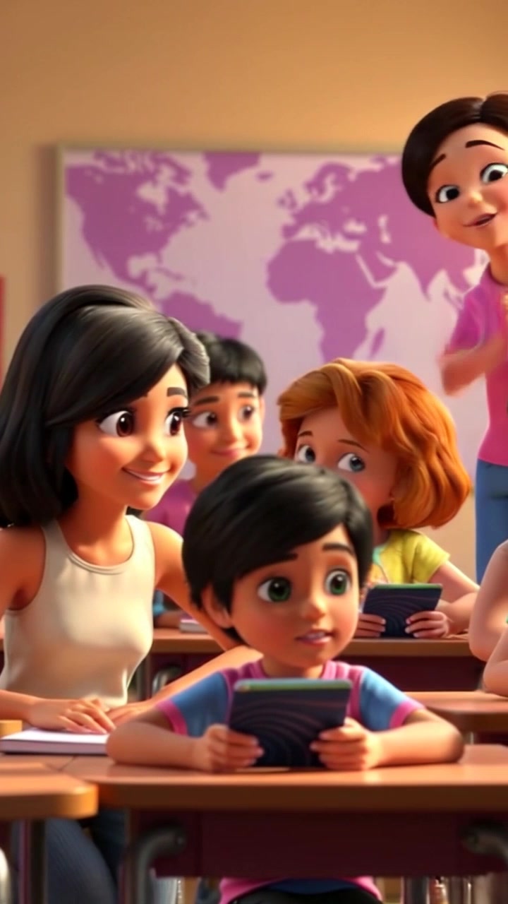 Scene: A vibrant classroom filled with a diverse group of children sitting at their desks, eagerly engaged with their teacher. Style: Bright, warm lighting creating an inviting atmosphere as sunlight streams through the windows. Motion: Camera slowly pans across the children's faces, capturing their smiles and expressions of interest, before focusing on the teacher, who gestures animatedly as she speaks.
