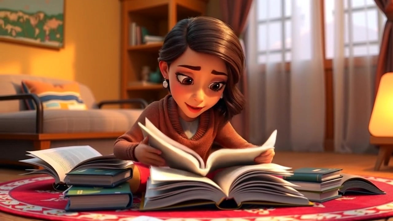 Subject: A person deeply engaged in reading. Subject movement: The person shifts slightly as they turn pages, occasionally glancing at notes scattered around. Scene: Cozy indoor setting on a plush rug, surrounded by open books and notes that create a scholarly atmosphere. Style: Soft, warm ambient light from a nearby window, highlighting the textures of the rug and pages. Motion: Camera gently pushes in to capture the focused expression, then pans to reveal the cluttered yet inviting space filled with knowledge.