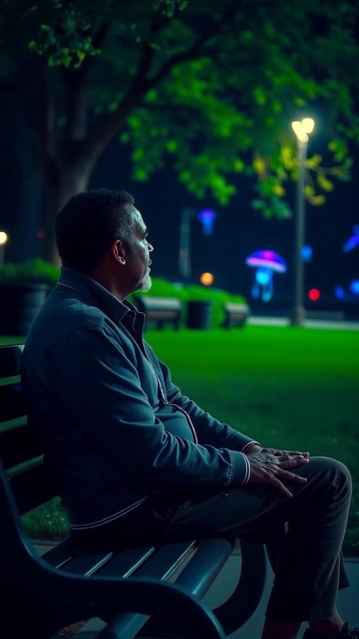 Subject: A person seated on a bench, gazing thoughtfully into the distance. Subject movement: The person is still, reflecting in tranquil solitude. Scene: A serene park setting with lush greenery, soft earth tones, and distant trees providing a calming backdrop. Style: Gentle morning light creating warm, inviting tones while highlighting the peaceful atmosphere. Motion: The camera slowly pushes in, capturing subtle details of the person’s contemplative expression against the soothing park scenery.
