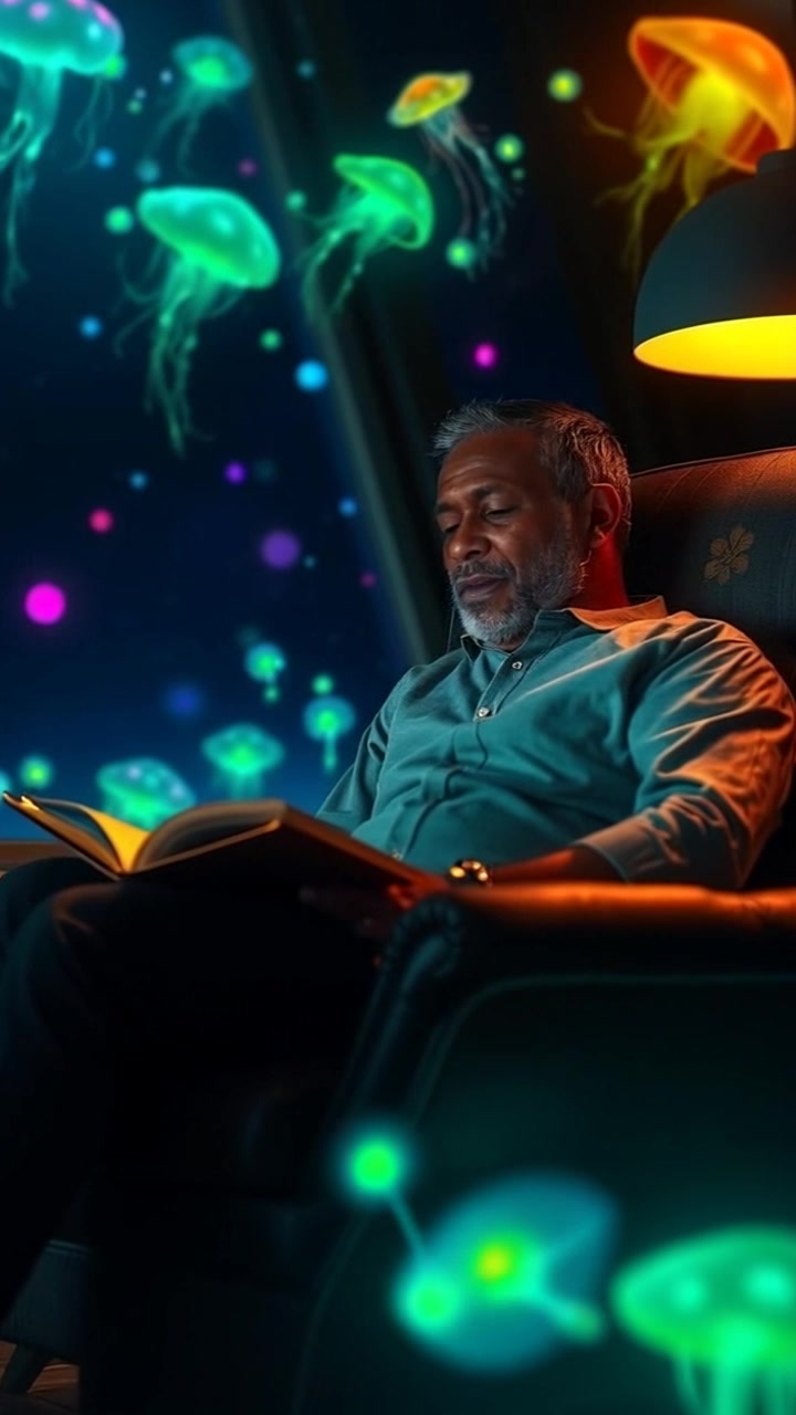 Subject: A person sitting in a cozy armchair, looking thoughtfully at an open book. Subject movement: The person shifts their gaze from the book to the window, lost in thought, and then subtly relaxes deeper into the chair. Scene: A warm and inviting living room filled with soft lighting and plush furnishings. Style: Ambient lighting emanates from a nearby lamp, casting a soothing glow across the space. Motion: The camera gently pushes in, capturing the serene expression and the intricate details of the book, before pulling back to reveal the full cozy scene.