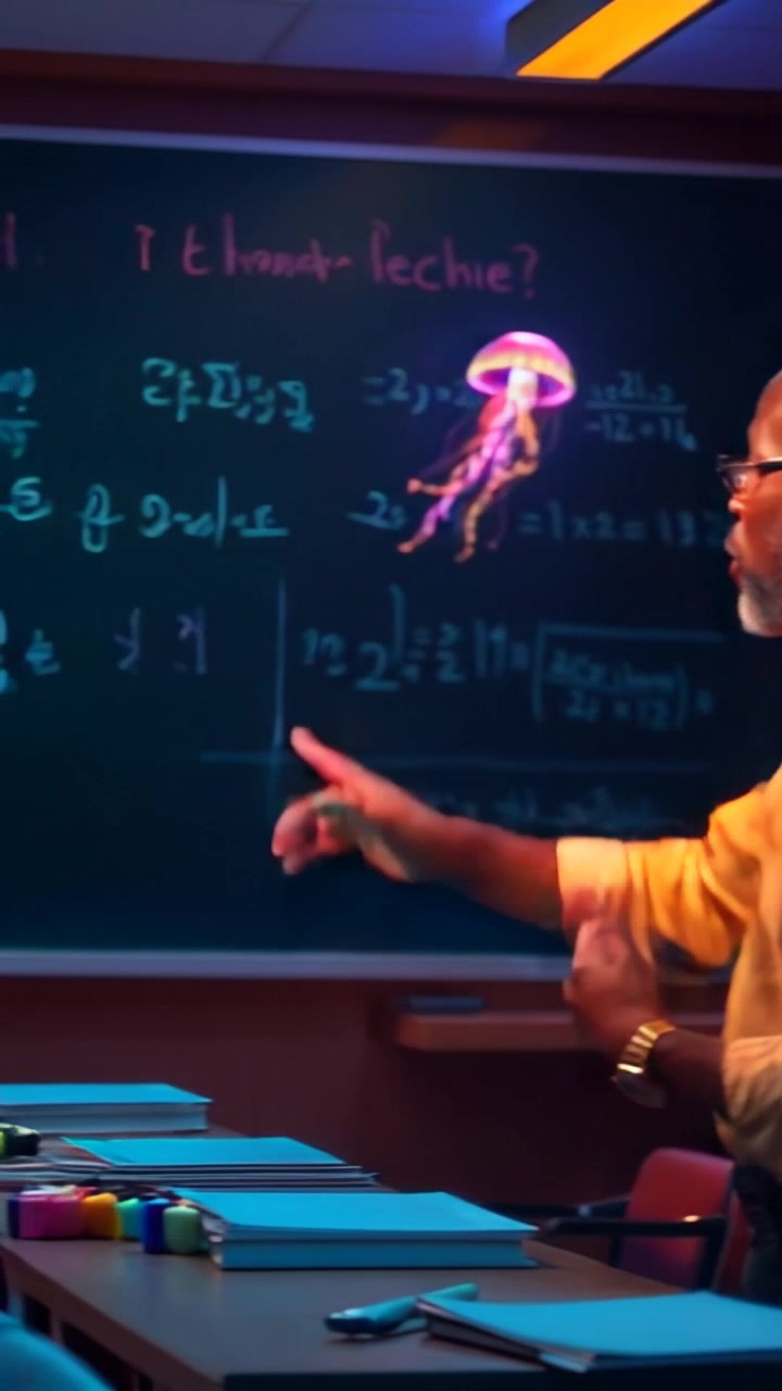 Subject: A teacher passionately explaining concepts. Subject movement: The teacher gestures animatedly while standing next to a chalkboard filled with equations. Scene: Bright classroom filled with natural light, colorful educational posters adorning the walls, and attentive students in the background. Style: Warm, inviting lighting illuminating the classroom atmosphere. Motion: Push in with a smooth dolly shot towards the teacher, capturing the excitement of the lesson as he points to the chalkboard.