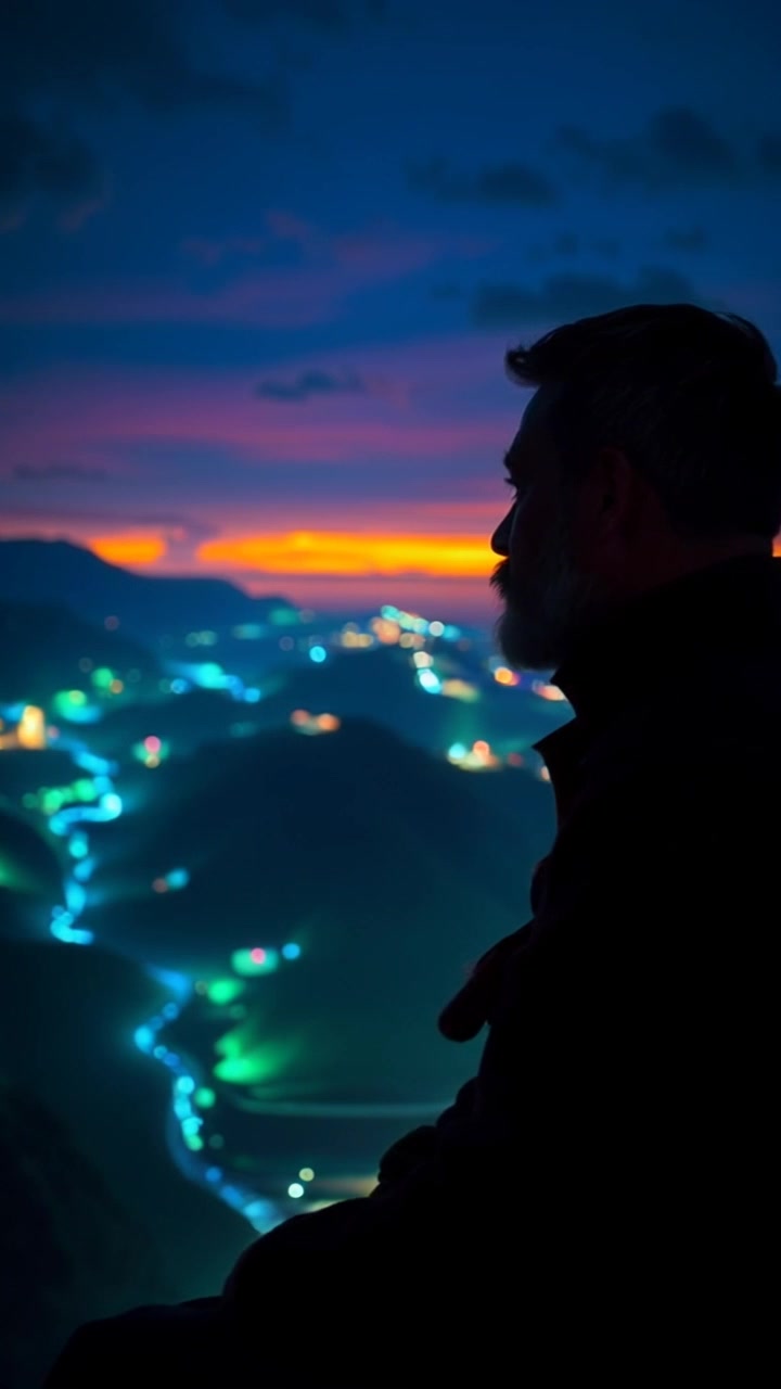 Subject: Kwame standing on a scenic hilltop at sunset. Subject movement: Kwame gazes contemplatively out at the distant valley, with a gentle wind rustling through his clothing. Scene: Scenic hilltop overlooking a vibrant valley during sunset, with rich hues of orange, pink, and purple in the sky. Style: Warm golden-hour lighting casting a soft glow over the landscape. Motion: The camera slowly pans around Kwame, capturing the sweeping view of the valley below, while emphasizing the serene atmosphere of the moment.