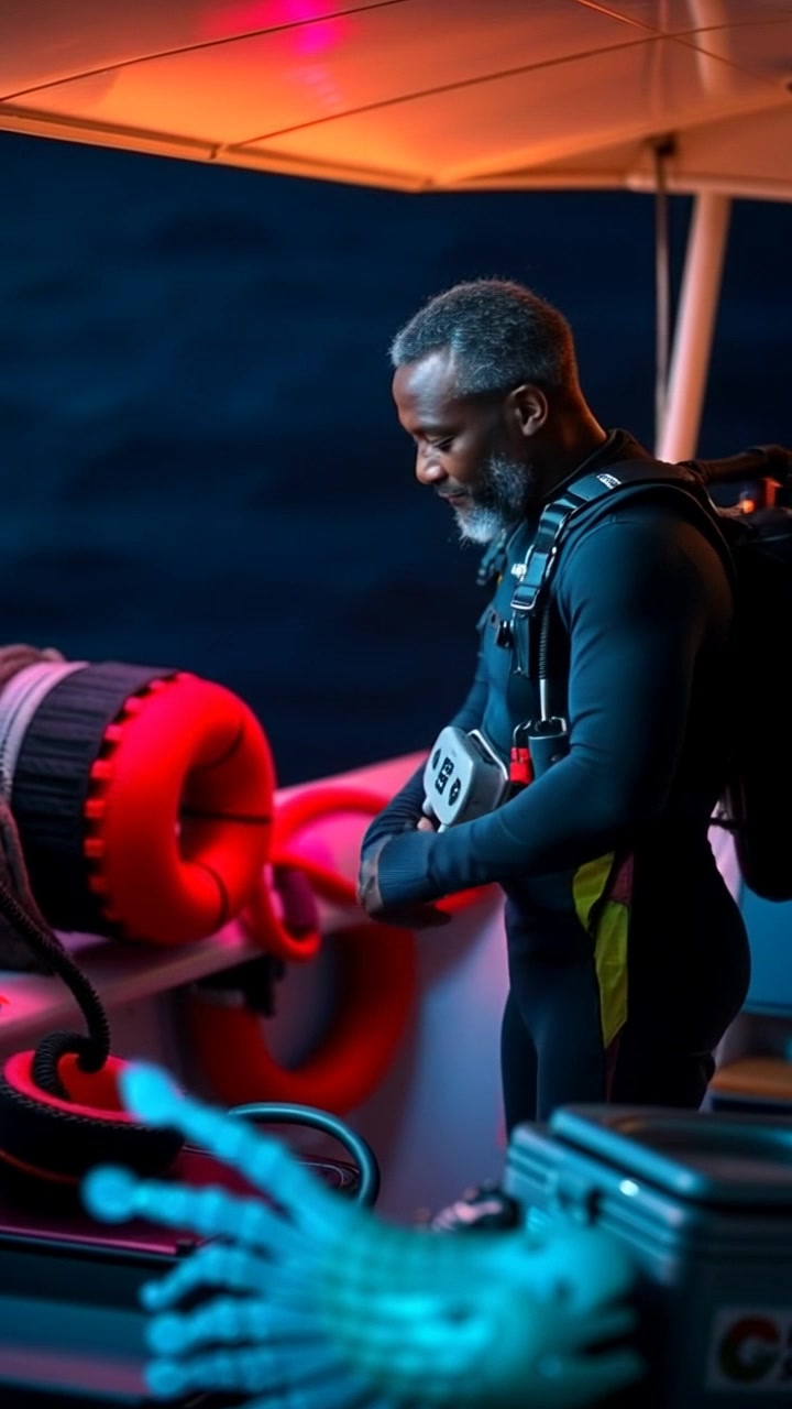 Subject: A diver in a wetsuit preparing equipment on a boat. Subject movement: The diver moves with intent, adjusting gear while periodically glancing out at the ocean. Scene: A small boat anchored in a calm ocean, with a clear blue sky above and gentle waves lapping against the hull. Style: Bright, clear daylight illuminating the scene, enhancing the vibrant colors of the ocean and the gear. Motion: The camera performs a slow push-in from a wide angle, capturing the diver's focused activity, then pans to reveal the vast ocean backdrop.