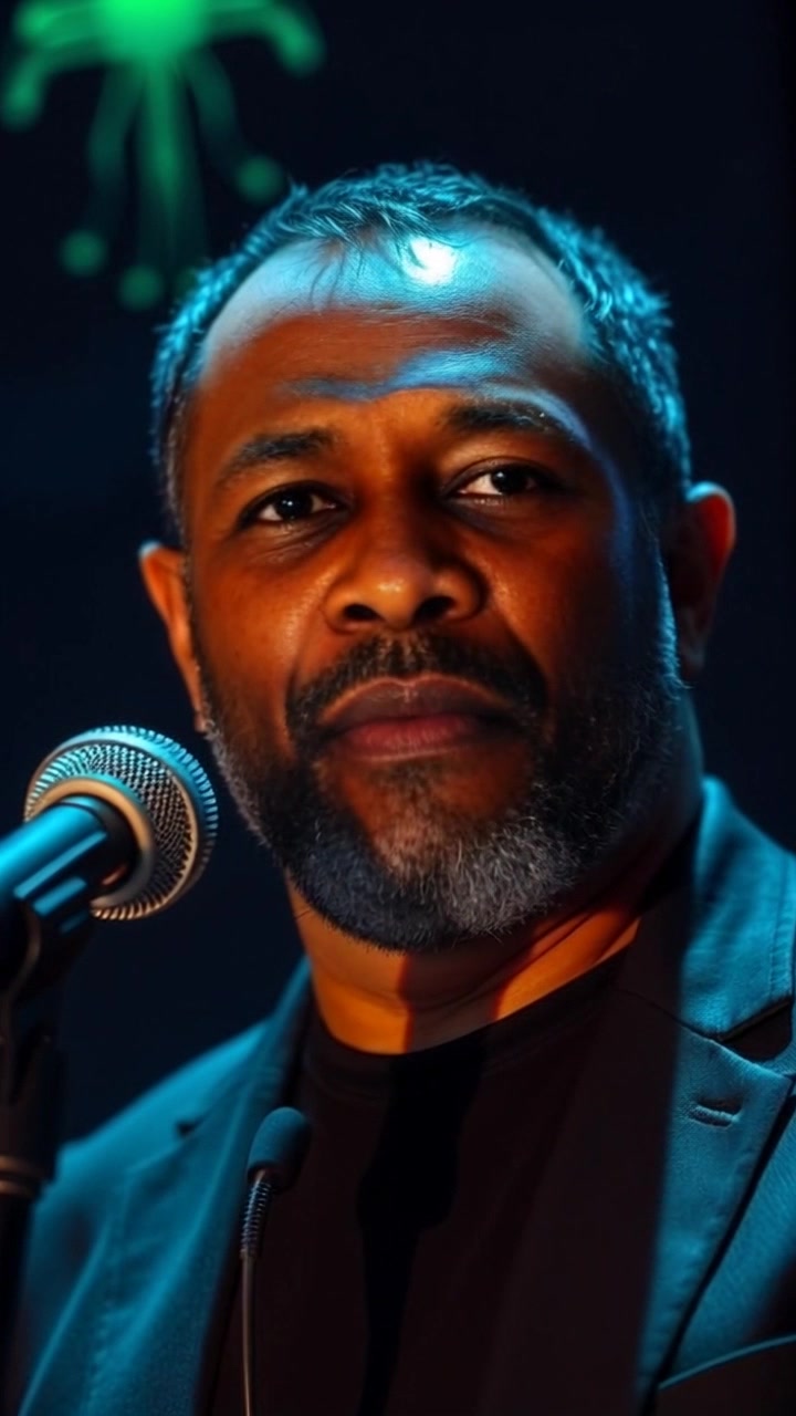 Subject: A person with a serious expression standing behind a microphone. Scene: Dimly lit room, with shadows casting dramatic shapes on the walls, creating an intense mood. Lighting: Low-key lighting accentuating the focus on the subject. Motion: The camera slowly pushes in on the individual, capturing their subtle movements and expressions as they prepare to speak.