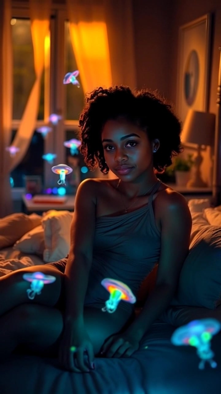 Scene: A cozy bedroom bathed in sunlight, with soft textiles and personal touches creating a warm environment. Style: Morning light filtering through the window, illuminating the space with a comforting glow. Motion: Camera begins with a close-up on Nia, capturing her tranquil expression, then slowly pushes out to reveal the inviting details of her cozy room.