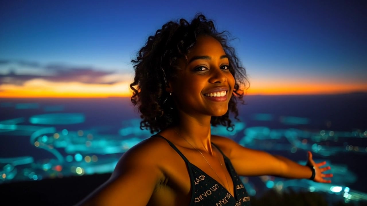 Subject: A person standing on a hilltop. Subject movement: The person gazes joyfully at the horizon, arms outstretched as the sunset paints the sky. Scene: Scenic hilltop overlooking a vast landscape, bathed in warm hues of orange and purple from the setting sun. Lighting: Soft, golden-hour light enveloping the scene creates a tranquil atmosphere. Motion: The camera gently pans around the figure, capturing their silhouette against the vibrant sky, emphasizing the openness and beauty of the vast scenery.