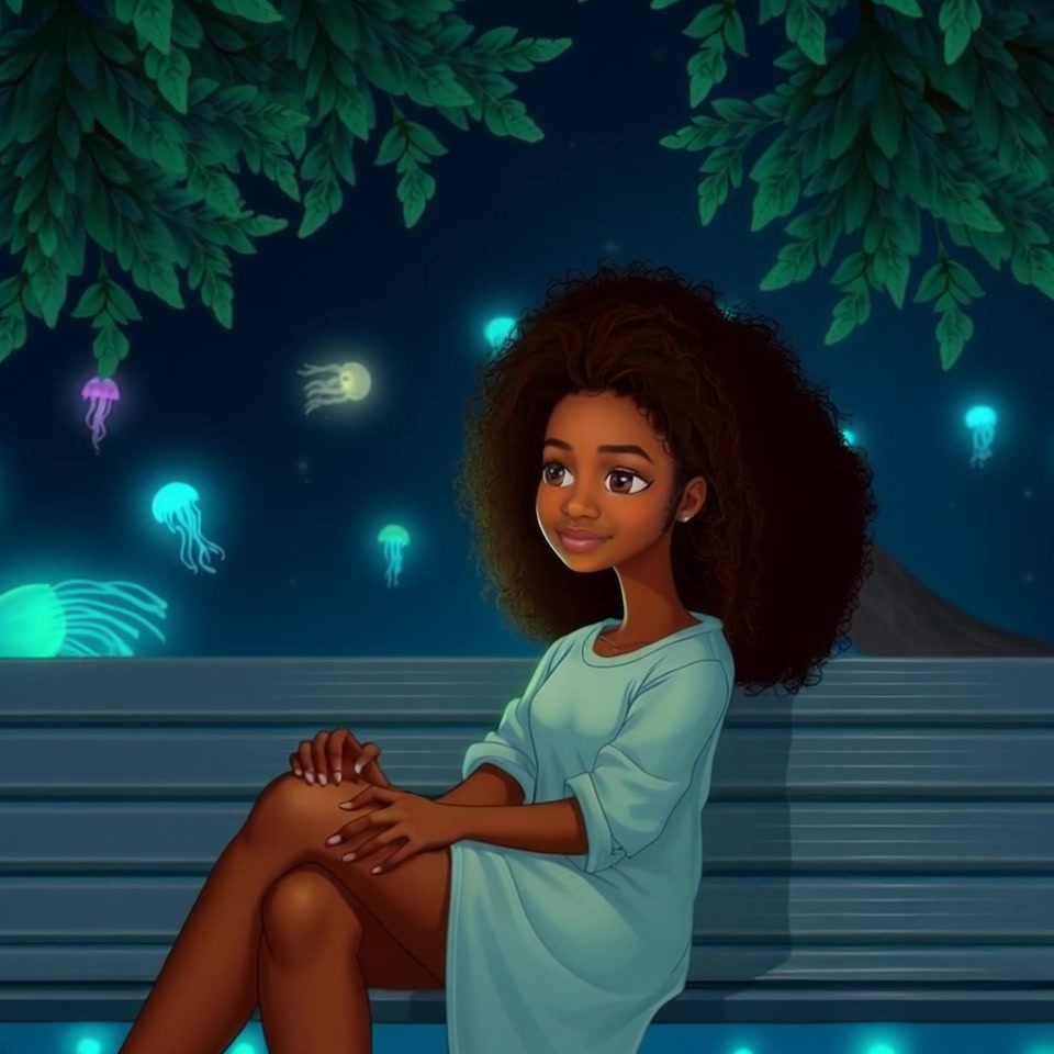 Scene: A serene park with a lush tree overhead and colorful flowers dotting the landscape. Style: Soft morning light casting a gentle glow across the scene, creating an inviting atmosphere. Motion: The camera slowly pushes in towards Nia on the park bench, capturing her thoughtful expression and soft smile, while the leaves above sway lightly in a gentle breeze.