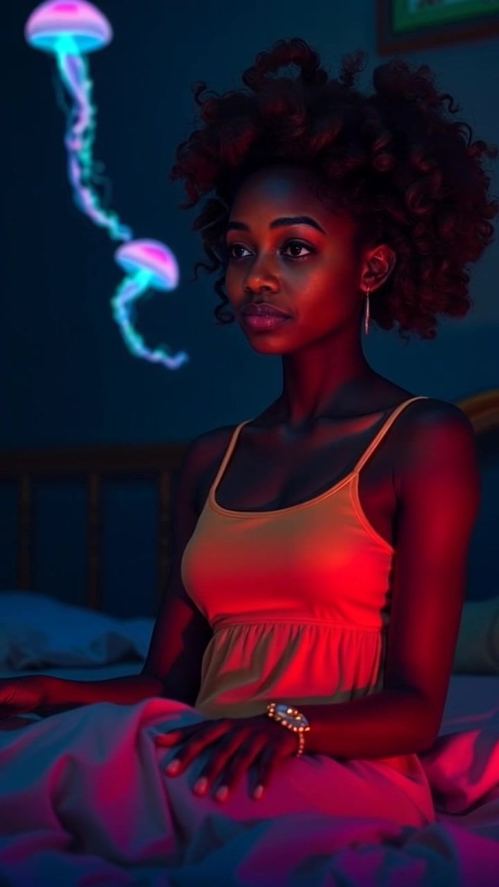 Scene: A close-up of a person sitting on her bed, staring blankly at the wall in a softly lit bedroom. Style: Gentle morning light filters through sheer curtains, creating a serene and contemplative atmosphere. Motion: The camera gently pushes in to capture the subtle nuances in her expression, bringing the viewer closer to the emotional context.