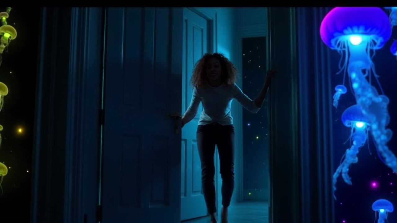 Subject: A young woman named Nia, nervously opening a door with a mixture of fear and hope on her face. Subject movement: Slowly pushing the door ajar while glancing around, her revealing expression capturing the tension in the moment. Scene: A dimly lit hallway leading to an unknown space beyond the door, with shadows playing against the walls. Style: Soft, ambient lighting that accentuates Nia’s expressions, creating an intimate yet suspenseful atmosphere. Motion: Camera gently pushes in on Nia's expression as she opens the door, capturing the subtle shifts in her face, lingering on her conflicted emotions.
