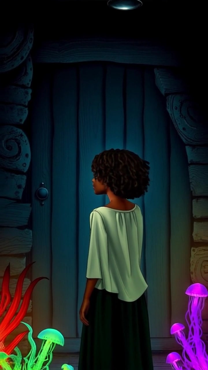 Subject: A figure standing apprehensively in front of an old wooden door. Subject movement: Nia shifts her weight slightly from foot to foot, glancing nervously toward the door. Scene: An old, weathered wooden door, slightly ajar, set against a dimly lit corridor filled with shadows and hints of light filtering through. Style: Soft, muted lighting enhances the sense of tension and intrigue. Motion: The camera performs a slow, dramatic push-in towards Nia, capturing her anxious expression as the door creaks slightly, emphasizing the intensity of the moment.
