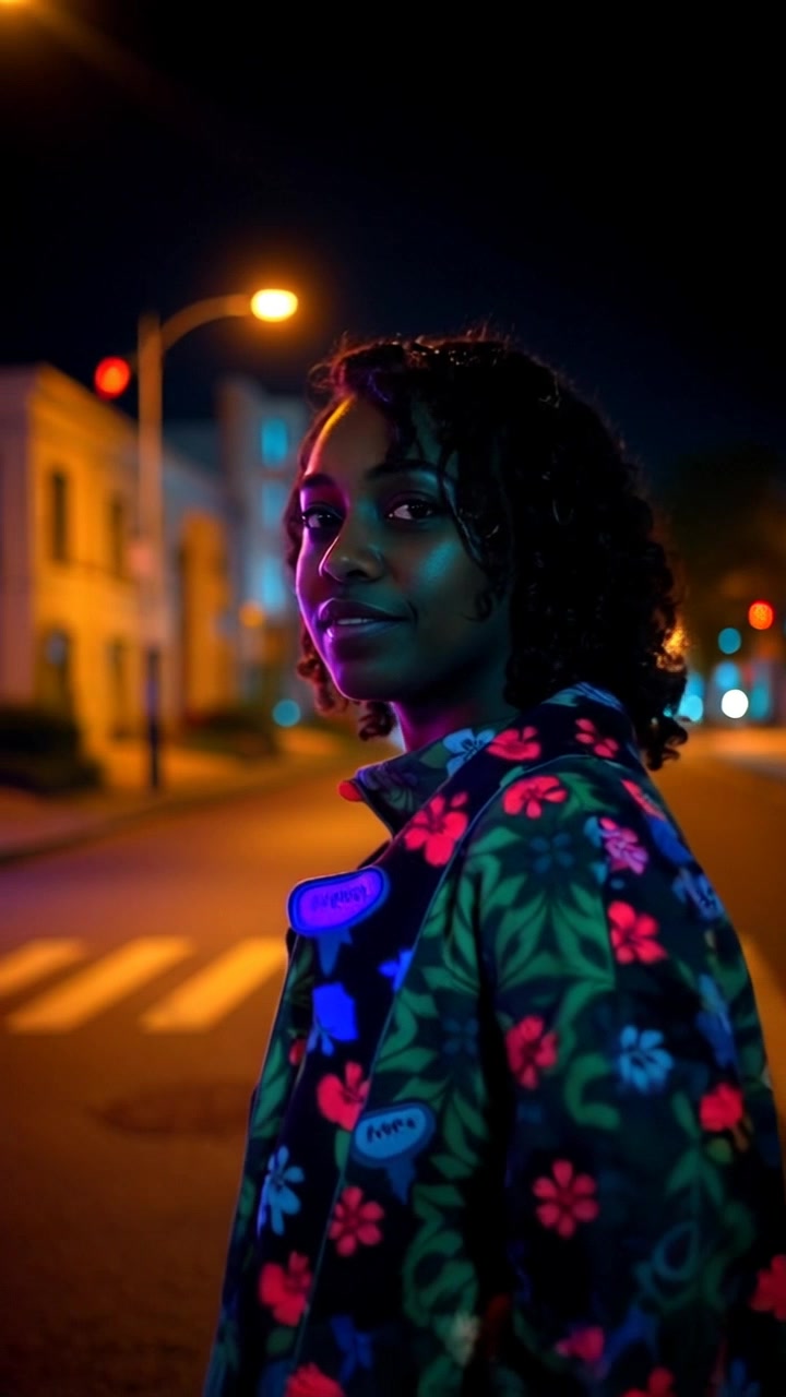 Subject: A woman walking down a quiet street at night. Subject movement: She strolls calmly, with her coat flowing slightly behind her in the gentle breeze. Scene: The scene unfolds on a tranquil urban street lit by warm streetlights, casting soft glows on the asphalt and nearby buildings. Style: Nighttime ambiance with a serene atmosphere, highlighted by the deep blues and golden yellows of the lights. Motion: The camera follows her leisurely, gliding alongside her as she passes each light, creating a smooth, cinematic feel.