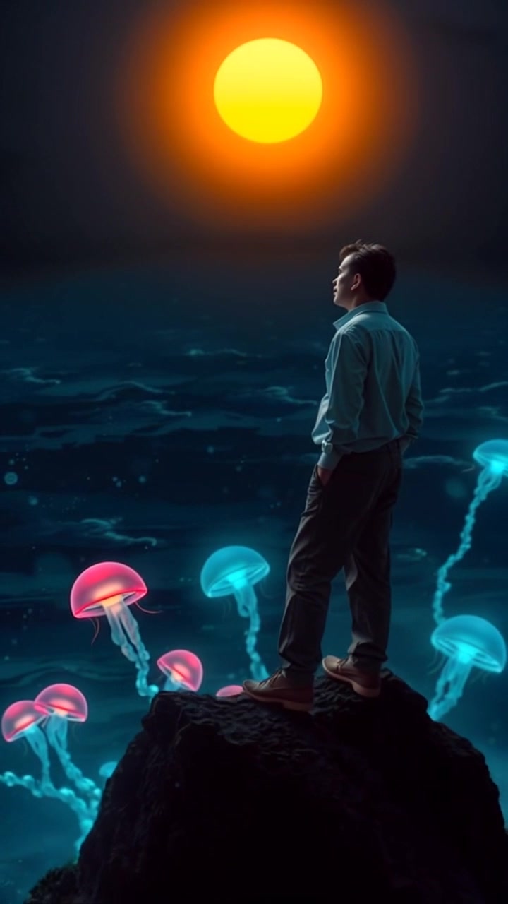 Subject: A figure standing confidently on a small cliff, gazing towards the horizon. Subject movement: The figure remains still, exuding strength and determination against the backdrop of a stunning sunrise. Scene: A breathtaking cliffside with a wide view of the horizon, bathed in warm, golden hues of the rising sun. Style: Soft, ambient morning light spilling over the landscape, highlighting the textures of the cliff and surrounding nature. Motion: Camera starts at a low-angle shot focusing on the figure, then slowly pushes out to reveal the expansive scenery around them, capturing the beauty of the dawn.