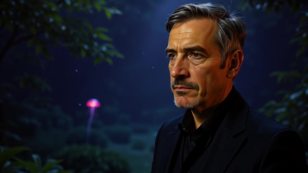 Subject: A serious-looking individual gazing into the distance. Scene: Close-up of the individual's face, the background softly blurred to emphasize the intensity of the expression. Style: Dim lighting that highlights the contours of the face, creating a moody atmosphere. Motion: The camera slowly pushes in towards the face, capturing the depth of the gaze and the subtleties of emotion.