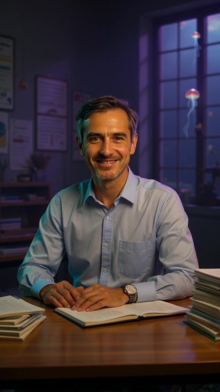 Scene: A close-up of a person sitting at a desk, smiling, surrounded by neatly organized papers. Lighting: Soft morning light illuminates the scene, creating a warm and inviting atmosphere. Motion: The camera gently pushes in for a tighter focus on the person's joyful expression, capturing the subtle movement of their face as they engage with the surroundings.