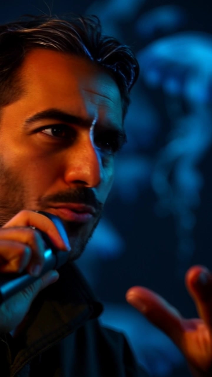 Subject: Omar passionately speaking into a microphone, gesturing expressively with his hands. Subject movement: His hands move animatedly, emphasizing key points as he speaks. Scene: A spotlighted stage setting, with a blurred audience in the background soaking in the presentation. Style: Dramatic, focused lighting illuminating Omar's face while the background remains muted. Motion: The camera slowly zooms in on Omar's face, capturing the intensity of his expression and the energy of his gestures.