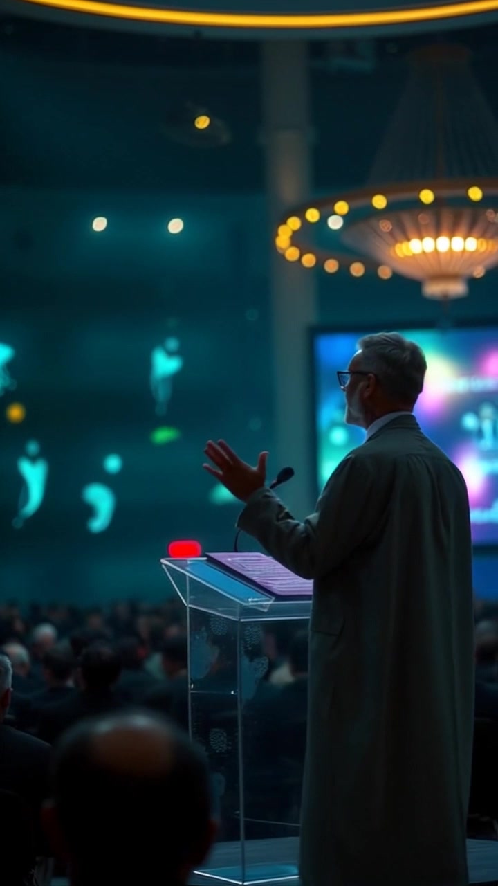 Subject: A speaker at a podium. Subject movement: The speaker passionately gestures with one hand, while the other rests on the lectern, as they engage the attentive audience. Scene: A spacious hall filled with a large audience, capturing the atmosphere of an impactful presentation. Style: Ambient lighting that highlights the speaker against the darkened audience, creating a focus on their expression and enthusiasm. Motion: The camera pushes in slowly from the back of the hall, capturing the speaker's animated gestures, then pans across the captivated faces of the audience.