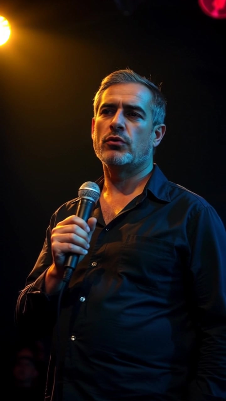 Subject: A performer holding a microphone with an intense expression. Subject movement: Omar shifts his weight slightly as he prepares to deliver a powerful line. Scene: An intimate stage setting illuminated by a dramatic spotlight, with a darkened audience blurred in the background. Style: Strong, contrasting lighting that highlights the subject while creating an aura of anticipation. Motion: The camera slowly dolly in, tightening focus on the performer’s expressions, capturing the emotion building before he begins to speak.