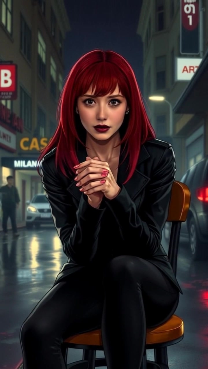 Subject: A nervous young woman sitting on a chair, avoiding eye contact, hands clasped tightly together. Scene: A dimly lit room that evokes a sense of tension, with dark walls and minimal furnishings. Style: Moody lighting with soft shadows emphasizing her anxious expression. Motion: The camera slowly pushes in on her face to capture her subtle movements, deepening the sense of unease as the atmosphere thickens.