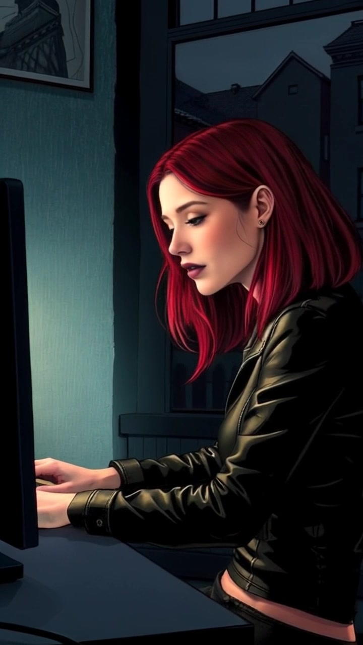 Scene: A dimly lit room with a desk cluttered with art supplies surrounding a focused figure working intently at her computer screen. Style: Soft ambient lighting casting subtle shadows and creating an intimate atmosphere. Motion: Camera slowly pushes in for a close-up on the screen before pulling back to reveal more of the creative workspace.