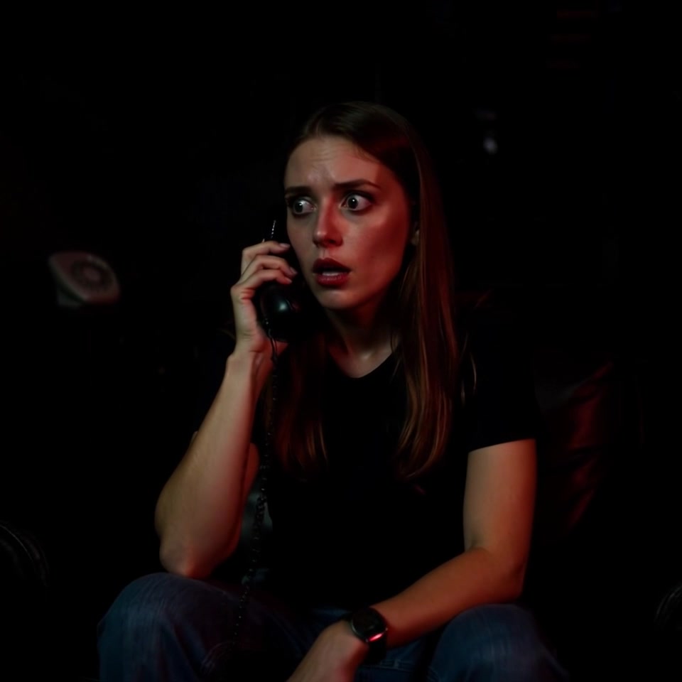 Subject: A woman reacting with shock while holding a phone to her ear. Subject movement: She turns her head slightly as if processing shocking news. Scene: A brightly lit living room, with soft furnishings and a window letting in warm daylight. Style: Inviting natural light enhances the emotional intensity of the scene. Motion: Camera performs a subtle push-in to capture her facial expression in detail, encapsulating the weight of the moment.