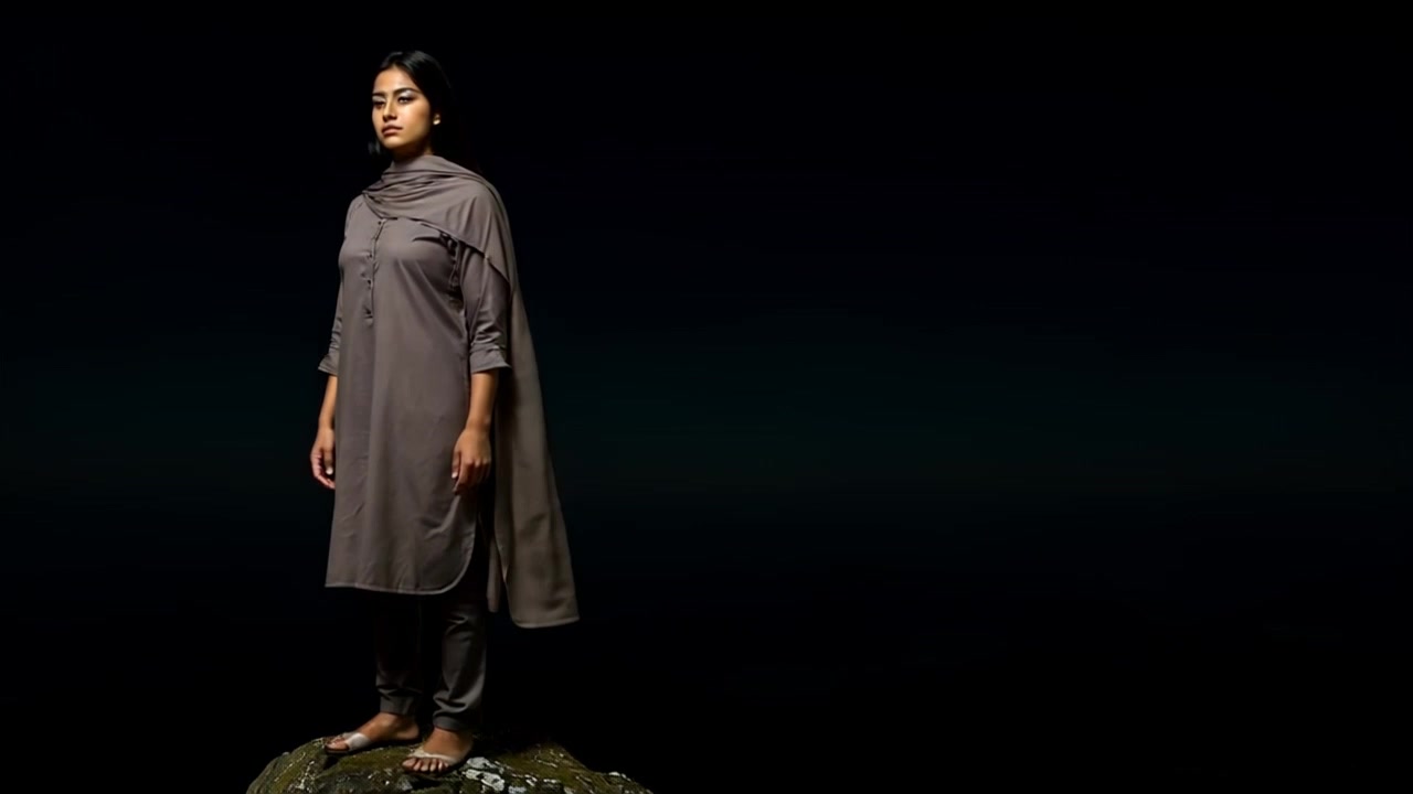 Subject: A figure standing confidently on a mountain peak. Subject movement: The figure gazes into the distance, occasionally shifting weight from one foot to the other. Scene: A breathtaking mountain peak overlooking a vast valley bathed in clear blue sky. Style: Bright, natural lighting creating a vivid landscape, with the sun illuminating the peak. Motion: The camera captures a dramatic panning shot from the valley floor up to the peak, showcasing the expansive view and the figure's majestic stance.