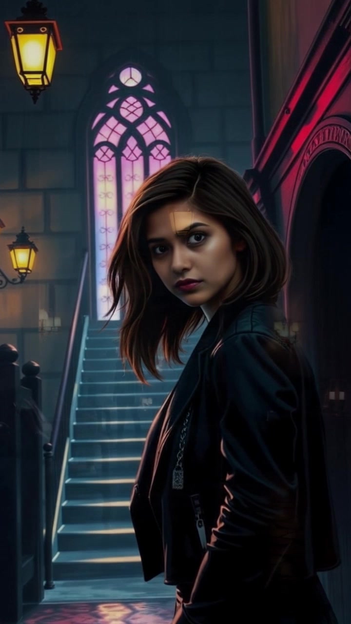 Subject: A young woman standing anxiously inside a grand mansion, fear visible in her eyes. Subject movement: The woman glances nervously around the room, her body tensing and shifting slightly. Scene: Opulent mansion interior, darkened rooms filled with ornate furnishings and shadowy corners. Style: Low, moody lighting amplifying the sense of dread, with flickering candles casting wavering shadows. Motion: The camera gently moves in a sweeping close-up, capturing the woman's expression, before pulling back to reveal the eerie space around her.