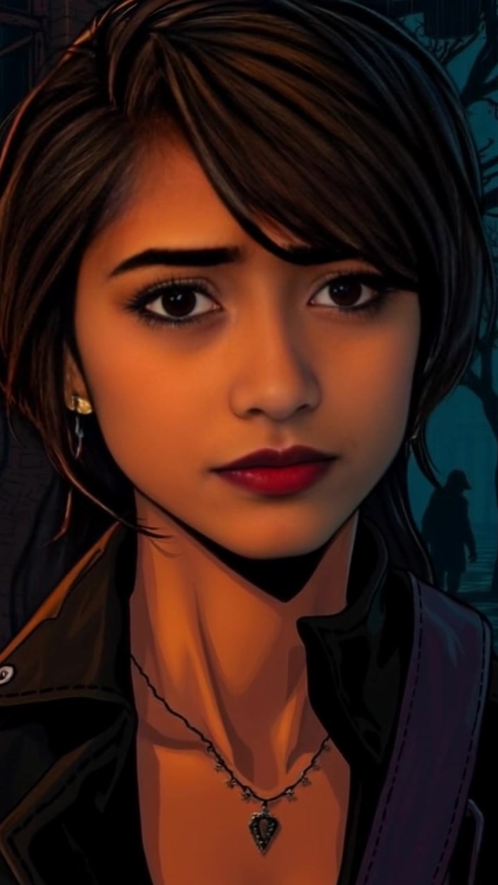 Scene: A close-up of an anxious face in a dimly lit forest, surrounded by dark trees, with a shadowy figure lurking just out of focus. Style: Mysterious, low-key lighting with moody shadows enhancing the tension. Motion: The camera slowly zooms in on Priya's face, capturing her concern, while the background subtly shifts to create an unsettling atmosphere, heightening the feeling of suspense.