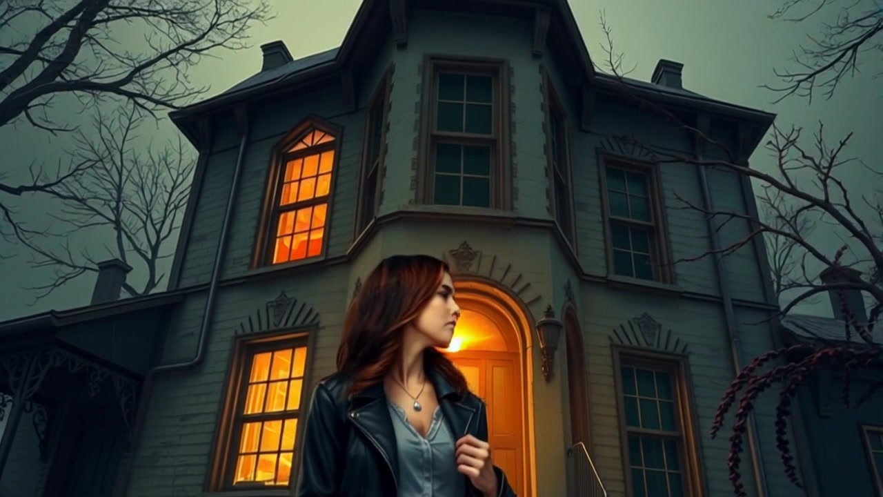 Subject: A young woman named Priya standing at the entrance of her grandmother's old house, gazing up at the tall, weathered building. Subject movement: Priya shifts her gaze slowly from the door to the windows above, reflecting a sense of nostalgia. Scene: The timeworn facade of the house is filled with intricate details, surrounded by a neglected garden. Style: Warm, soft lighting of late afternoon, enhancing the weathered textures of the building. Motion: The camera gently pushes in on Priya, capturing her expression, before panning up to showcase the height and character of the grandmother's house, evoking a sense of history and warmth.