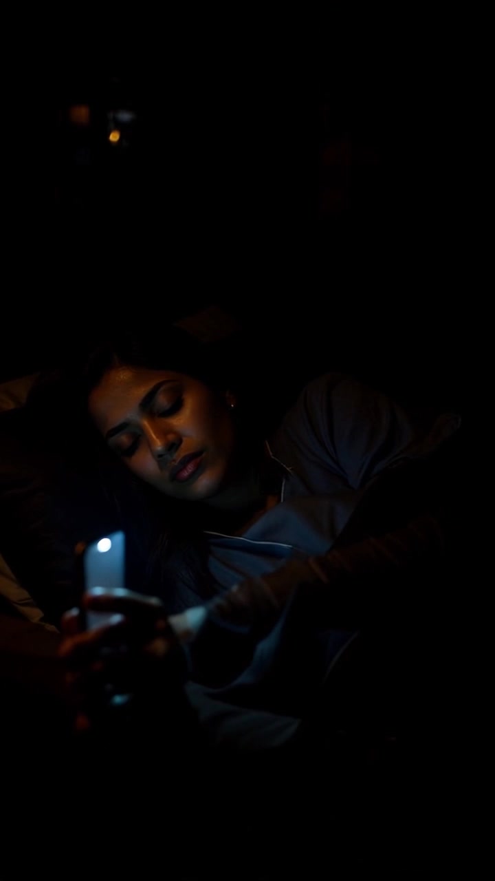 Scene: A dimly lit bedroom where Priya is peacefully asleep in bed, with a phone buzzing on the bedside table. Style: Soft, subdued lighting that creates a cozy atmosphere, with shadows gently playing on the walls. Motion: The camera begins with a slow close-up of the buzzing phone, then glides smoothly towards Priya as she shifts slightly in her sleep, capturing the serene ambiance of the room.