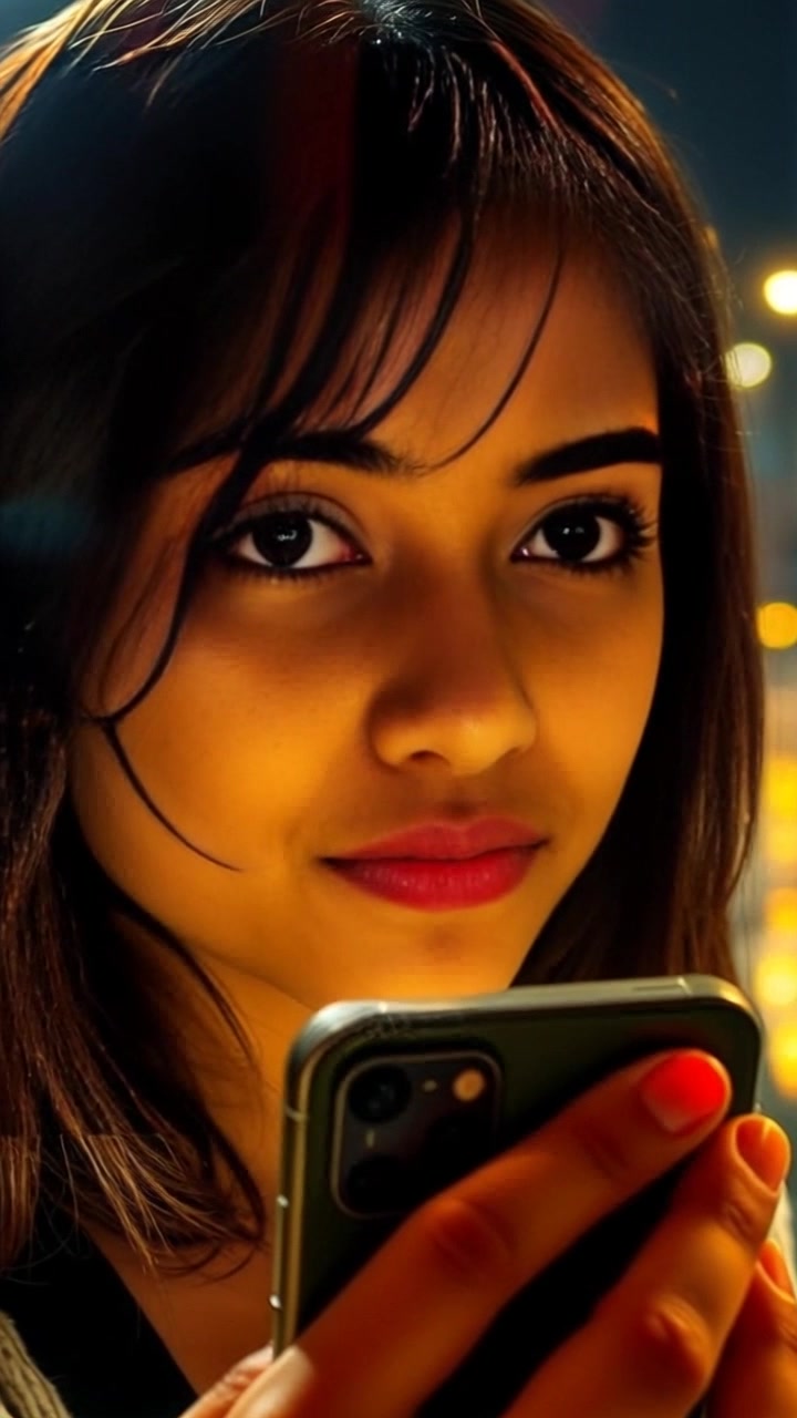 Scene: A close-up of a smartphone screen displaying a distorted image, with Priya's face subtly reflected in the glass. Style: Soft ambient lighting enhancing the reflective qualities of the phone screen, creating a moody atmosphere. Motion: The camera slowly pushes in towards the phone, focusing on the intricate details of the distorted image and the subtle expression captured in the reflection.