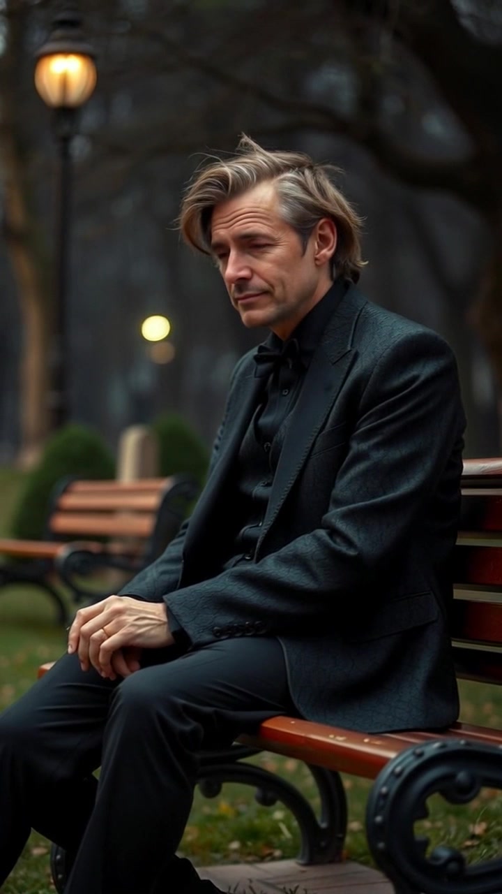 Subject: A person sitting alone on a park bench. Scene: A serene park setting surrounded by lush trees, with leaves gently rustling in the breeze. Style: Soft morning light filtering through the branches, casting dappled shadows on the ground. Motion: Camera slowly pushes in for a closer look, capturing the contemplative expression as the person gazes thoughtfully into the distance, while the background subtly blurs with a bokeh effect.