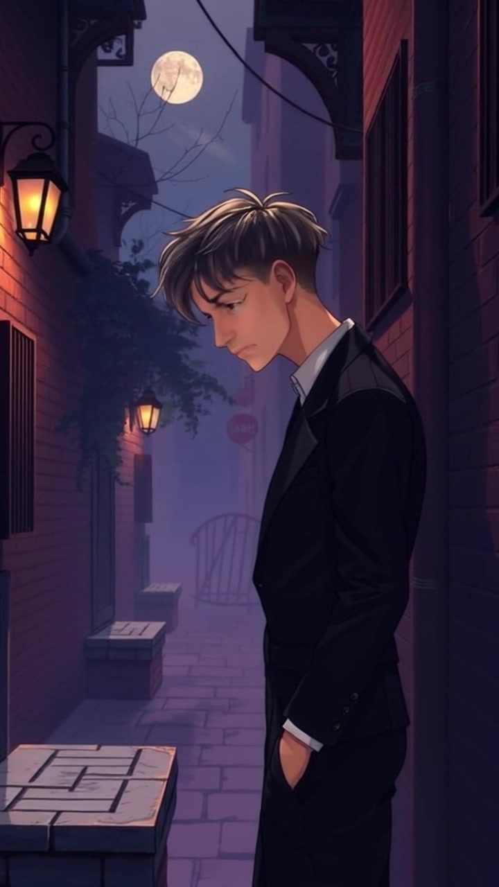 Scene: A shadowy alley with damp cobblestones, dimly lit by a flickering streetlamp. Style: Moody lighting casting elongated shadows that dance around the alley's corners, creating an air of suspense. Motion: The camera slowly dolly in towards Mark, capturing his contemplative expression while revealing the alley's textured walls and the mysteries they hold.