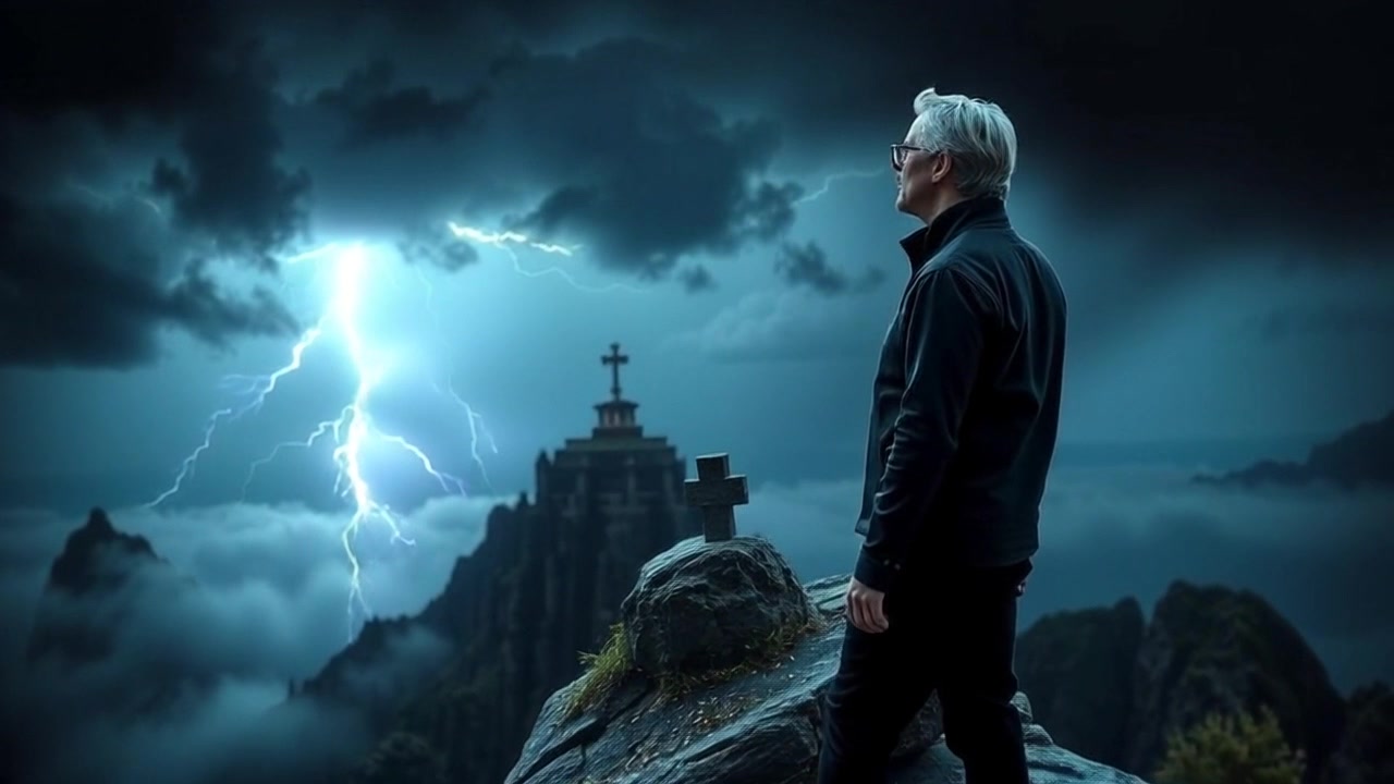 Subject: A figure stands on a rocky cliff, gazing at a dark stormy sky. Subject movement: The figure remains still, bracing against the gusts of wind. Scene: The cliff juts out over a turbulent sea, framed by dark clouds lit by distant flashes of lightning. Style: Dramatic lighting with stark contrasts created by the storm. Motion: The camera slowly zooms in on the figure, capturing the intensity of the moment as the wind whips through the scene, emphasizing the raw power of nature.