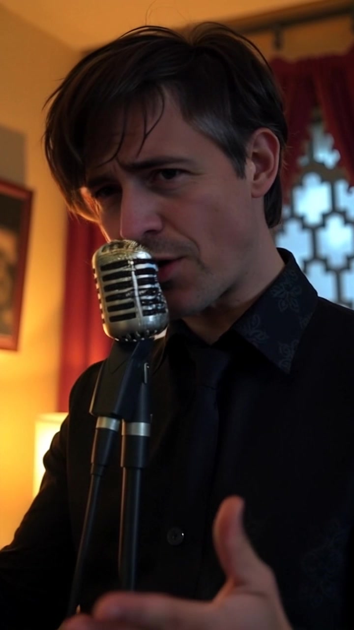 Subject: A figure stands in a dimly lit room, speaking into a classic microphone with a passionate expression. Subject Movement: The figure gestures animatedly as they speak, their movements reflecting their intensity and emotion. Scene: A moody, intimate room with soft shadows playing across the walls, evoking a sense of depth and secrecy. Style: Low, atmospheric lighting creates a dramatic ambiance, emphasizing the figure's silhouette against the backdrop. Motion: The camera slowly pushes in to capture the figure's heartfelt delivery, with a gentle focus shift on the microphone, enhancing the emotional connection.