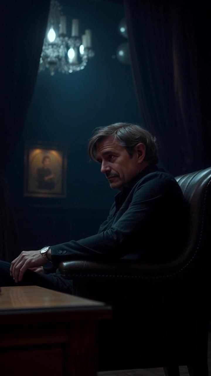 Scene: The interior of a dimly lit room filled with shadows, with a figure sitting in a chair, embodying a sense of introspection. Style: Moody ambient light casting long shadows, enhancing the feeling of solitude. Motion: The camera slowly zooms in on the figure, capturing subtle shifts in posture as they thoughtfully gaze into the distance.
